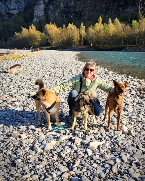 Beatrice mit den Hunden am Flussufer